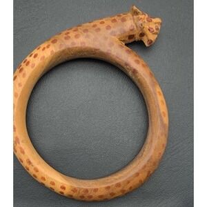 Vintage Wood Hand Carved & Painted African Leopard Shape Bangle Bracelet